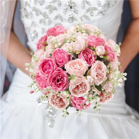 Artificial Peonies Silk Flowers, Pink Faux Peony Bouquet 4 Bundles Florals - Picture 2 of 6